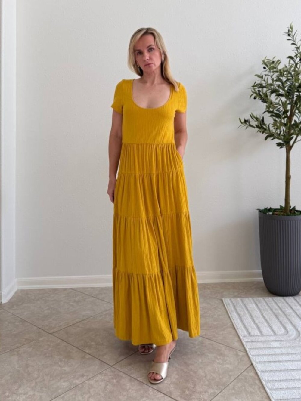 Anthropologie, Maeve, Gillian, Mustard, Tiered, Maxi Dress, Cotton, Puff Sleeve